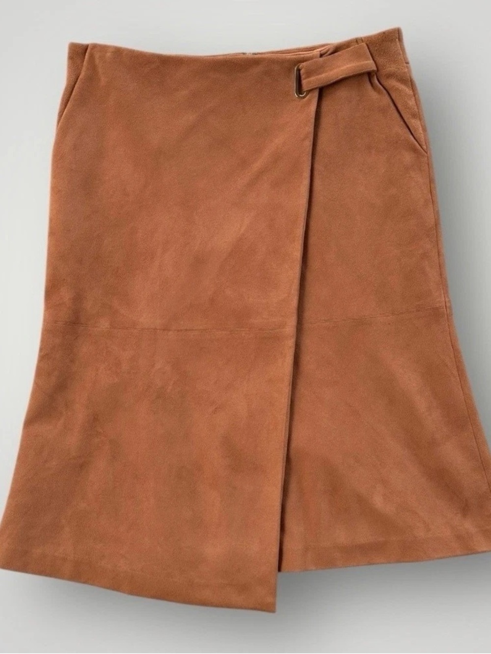 ANTONIO MELANI Suede A-Line Wrap Fall Skirt in Cognac Brown